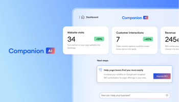 Jimdo Companion dashboard showing business metrics like website visits, customer interactions, and next-step recommendations for growth.